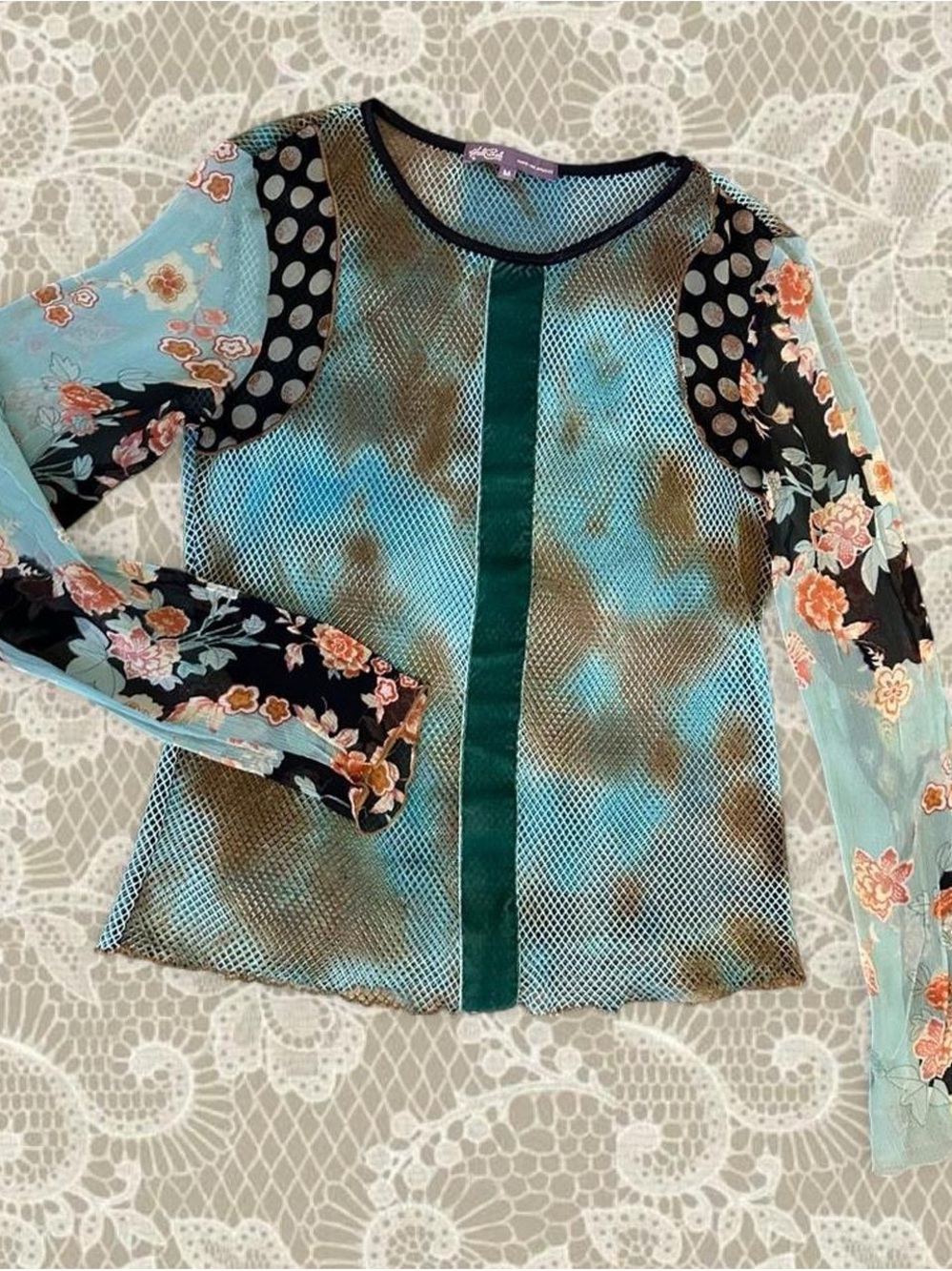 Kale bob Y2K Teal and Black Mixed-Print Mesh Long Sleeve Top